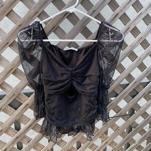 Chic Black Sheer Mesh Long Sleeve Blouse